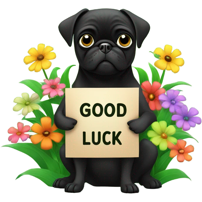 Black pug , surrounded by flowers, holding a green sign that says “good luck”  emoji