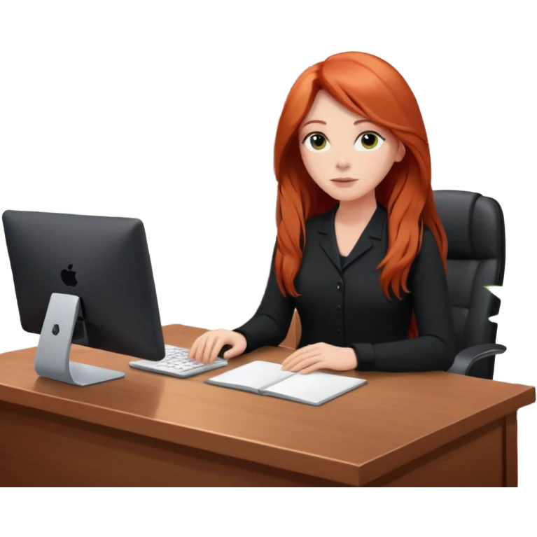 Video call therapy session: red-haired therapist with long hair wearing black minimalist clothing, seated in a professional home office, looking at the webcam; calm, modern teletherapy setting emoji