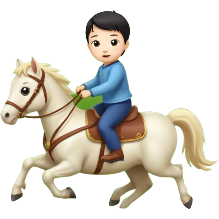 l little chinese baby riding on a  cute horse running really fast on the grass with 2026 year's label emoji
