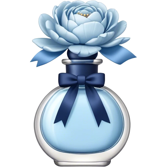 pearl blue vintage style perfume bottle and navy colored peonies and a powder blue bow emoji
