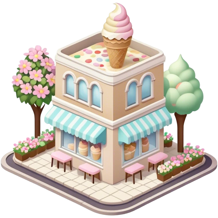isometric exterior little beige and white ice cream parlour with abundant pastel florals everywhere emoji