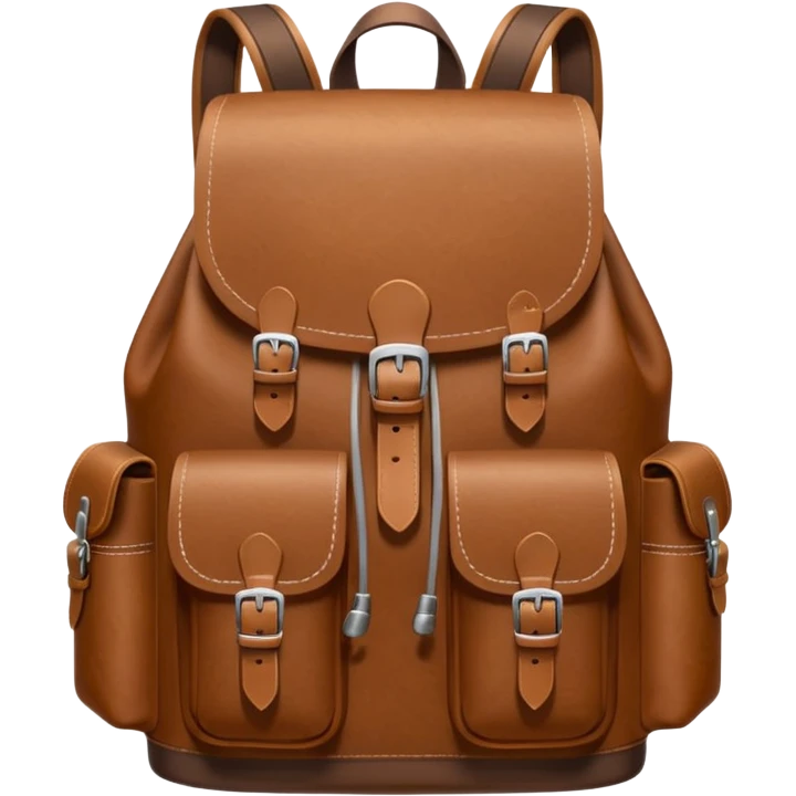 Draw a leather backpack using a front camera with an 80-degree angle from the ground, ensuring the object remains stationary without rotation or tilt. emoji
