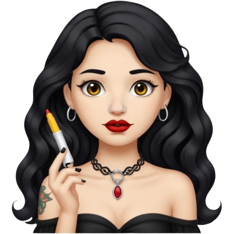 I want to create a female emoji with long black wavy hair and collar bone tattoo that says “me before you” and she has her nose pierced and black lip stick emoji