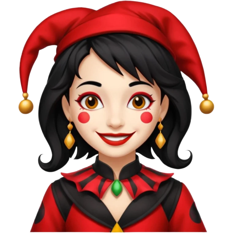 Jester girl, black and red suit, black hair emoji
