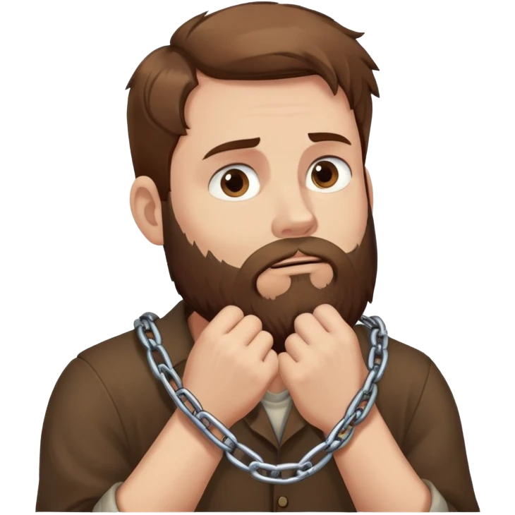 White man with brown hair and beard with anxiety and begging. holding a chain in his hands. profile view emoji