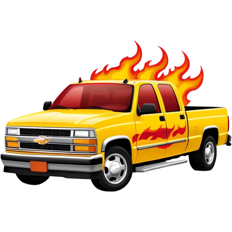1997 yellow Chevy C-2500 Crew Cab with intricate airbrushed red flame design spreading across front, realistic flame artwork like in Kill Bill movie, 30-degree view, iOS emoji style emoji