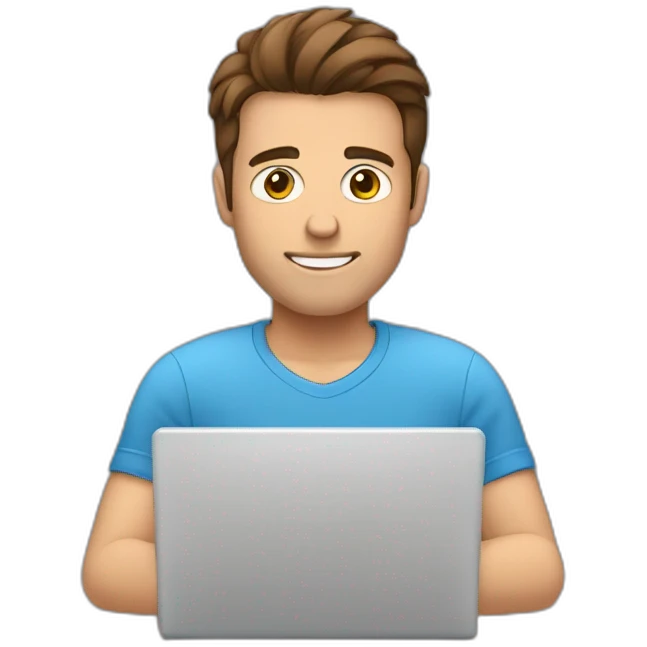 A man with brown hair, brown eyes, and a blue shirt. He is typing a message on his laptop emoji