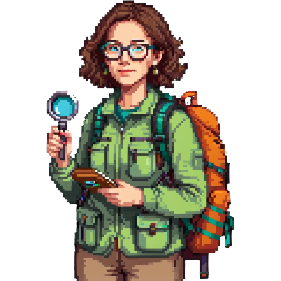 Enthusiastic woman naturalist in her 40s with glasses, colorful hiking outfit, backpack, holding magnifying glass emoji