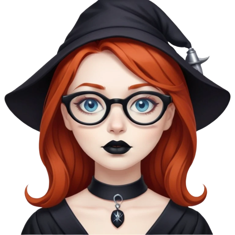A blue eyed goth redhead witch with black lipstick and glasses emoji