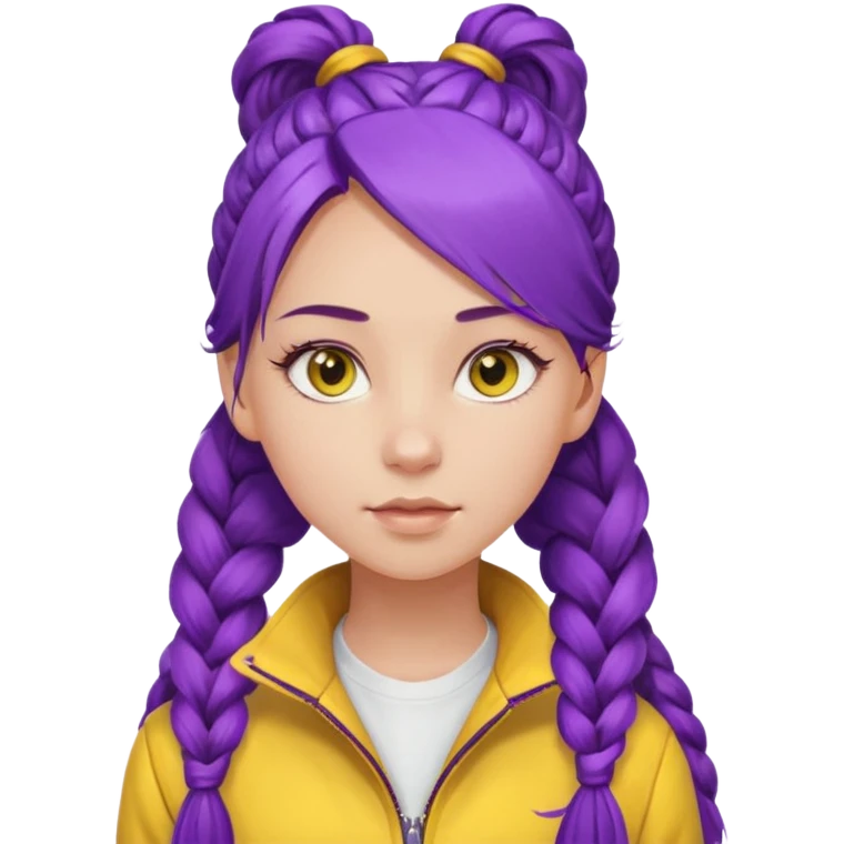 a beautiful girl face, long purple high pony braided hair from the forehead, wearing a white shirt and a yellow jacket emoji