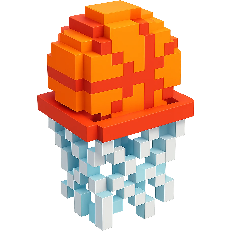 Voxel-style basketball in a net, no background, variation 1. emoji