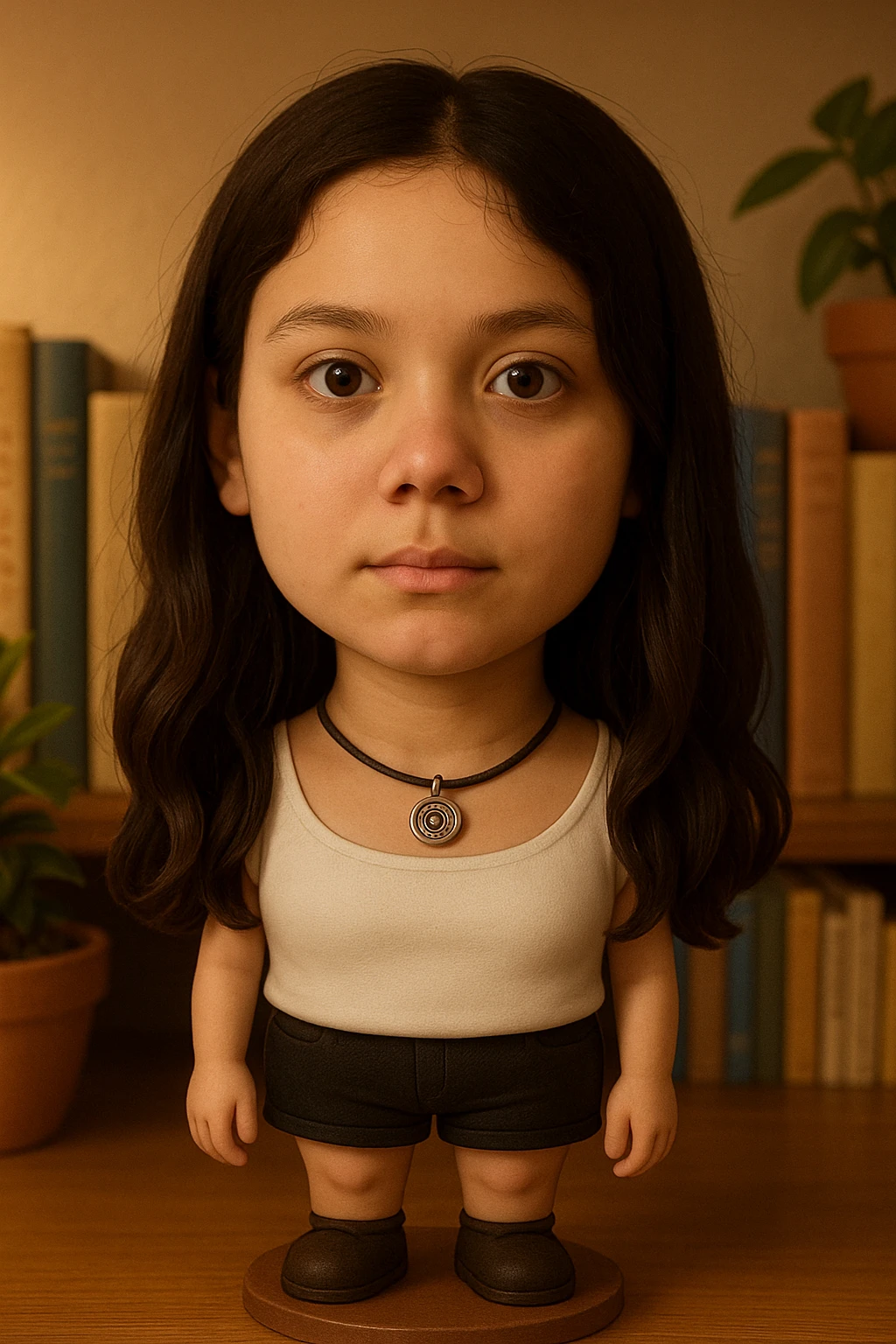 Transform the girl on the left into a bobblehead character, keeping her hair, necklace, and white top, in the bobblehead style. emoji