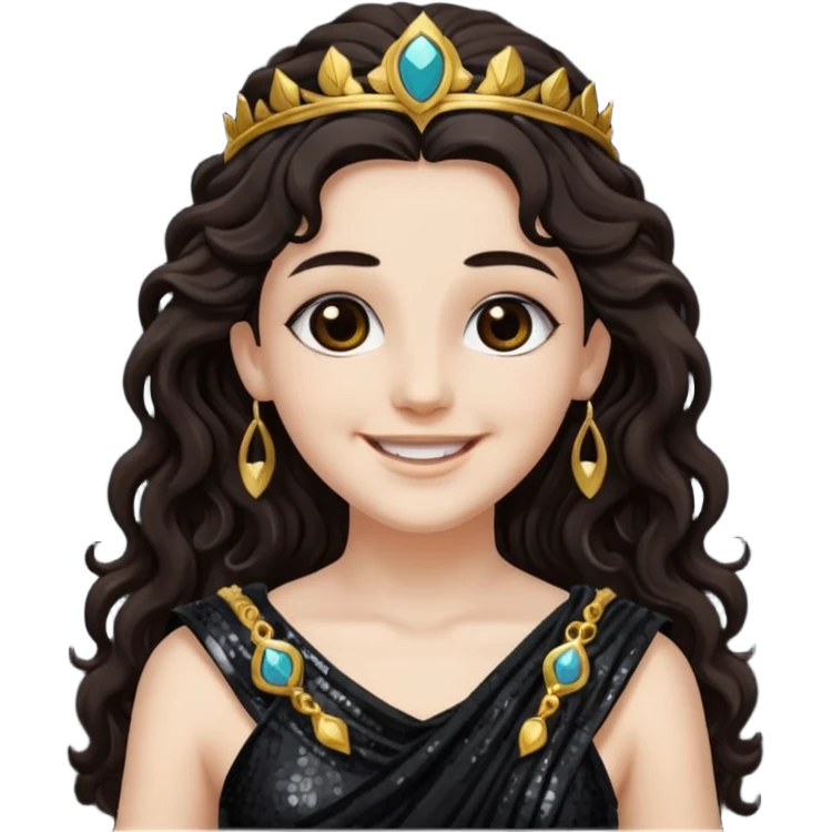 Libera, Goddess of Death from Roman Deities with long dark brown wavy hair, black sequin toga emoji
