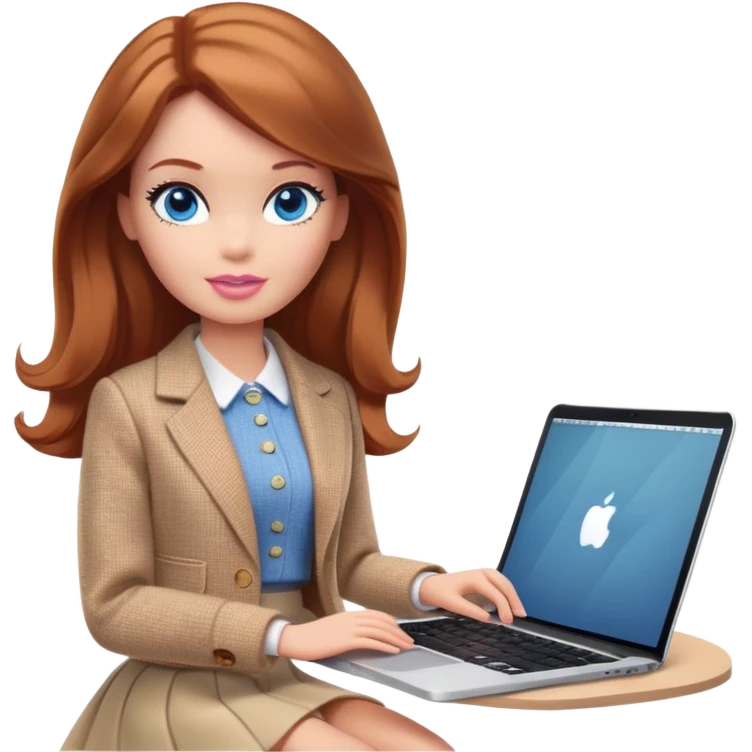A Barbie girl with blue eyes, shoulder-length reddish-brown hair, made-up, wearing a beige tweed jacket and a beige skirt, is sitting with a MacBook emoji