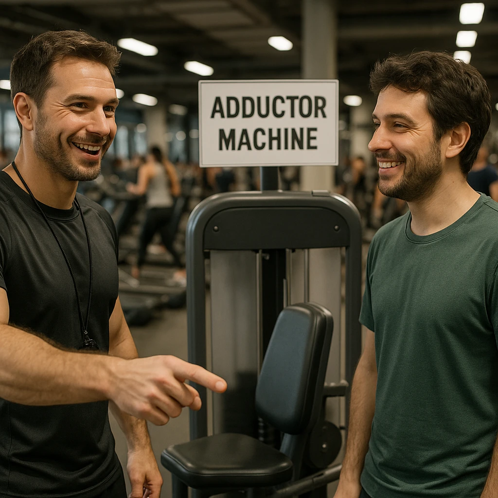 realistic scene of a personal trainer in a crowded gym pointing to the adductor machine to a client, smiling expression, client nodding, Italian sign 'Adductor machine', positive atmosphere, detailed, 4K quality emoji