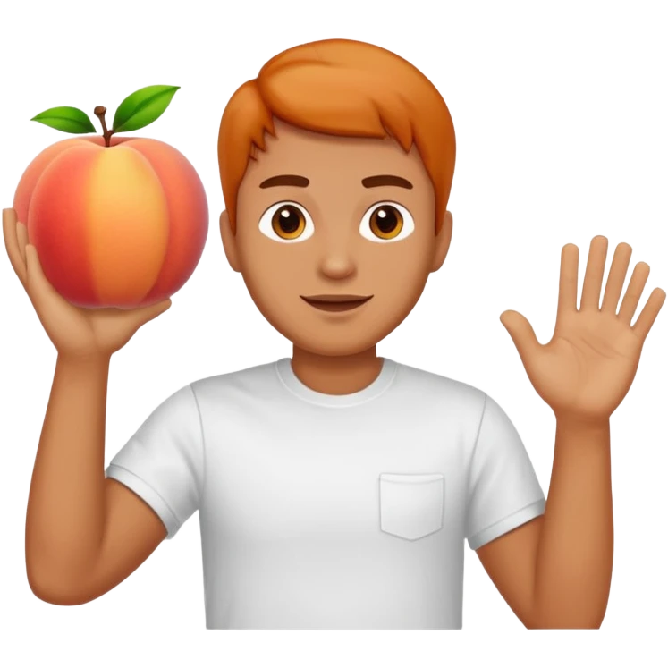 A large peach in front of a man waving emoji