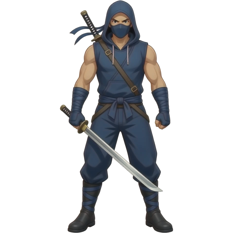 Anime ninja dark blue sleeveless hood sword in the back dark blue pants and dark blue boosts dark blue masks look superstrong very tall full body emoji