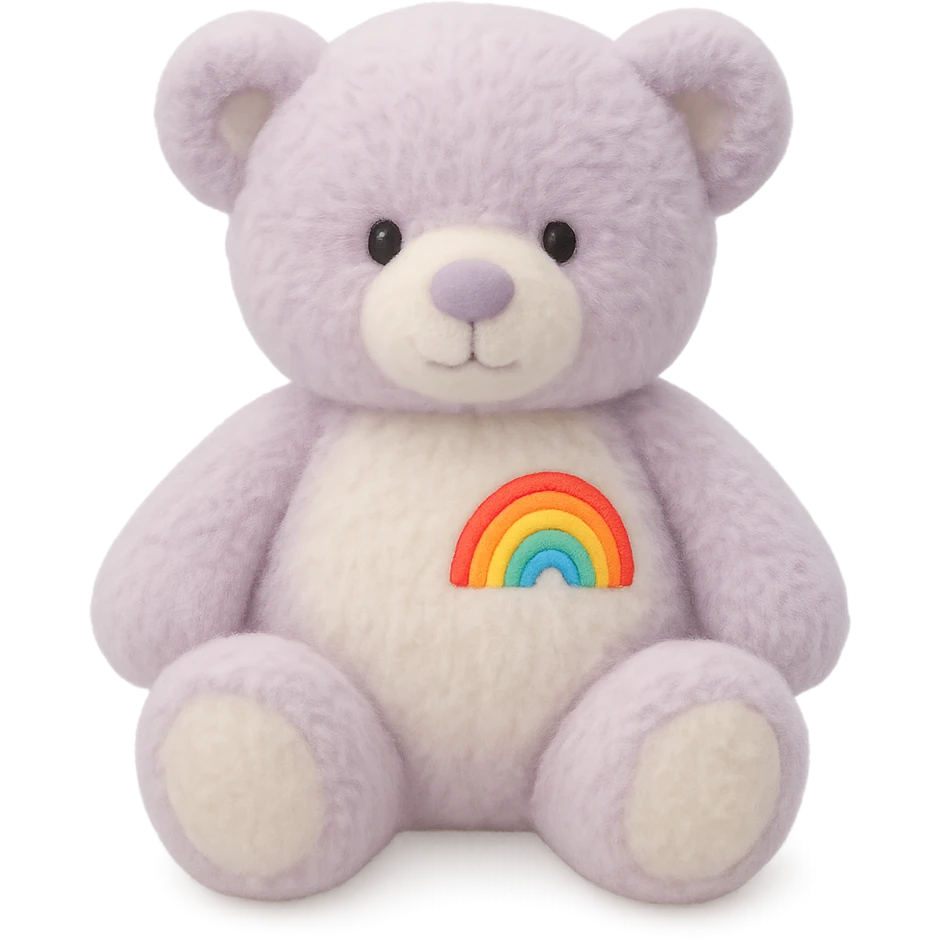 Add a rainbow patch to the purple and white teddy bear, keep it soft and plush, no shadows, flat lighting, no background. The style should maintain the soft and plush look of the teddy bear with flat lighting and no shadows. emoji