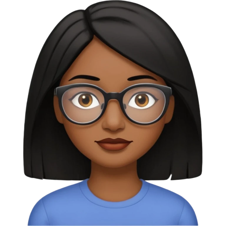 A 30 year woman emoji with medium-dark skin, straight shoulder-length black hair parted to the side, an oval-shaped face, arched dark eyebrows, large brown eyes with glasses, a small nose, and natural-toned lips. emoji