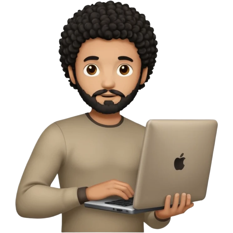 men holding his computer in hands. light brown skin men with curly black hair, dark brown eyes, little grown beard. ust a tiny bit muscular. dressed casual. round face. Dont Apple book  emoji