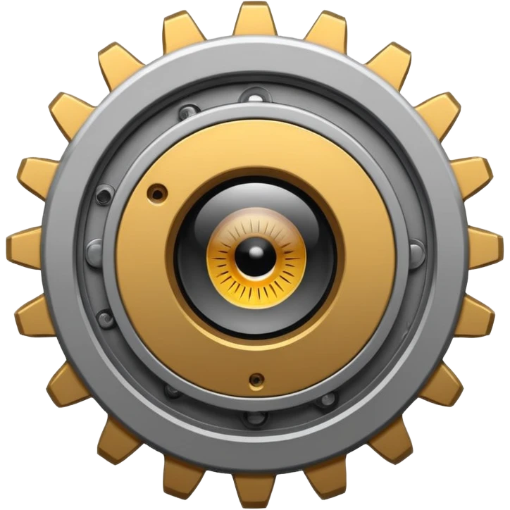 Minimalist emoji-style sticker of a mechanical gear with a realistic eye in the center. Flat graphic icon in grayscale. emoji