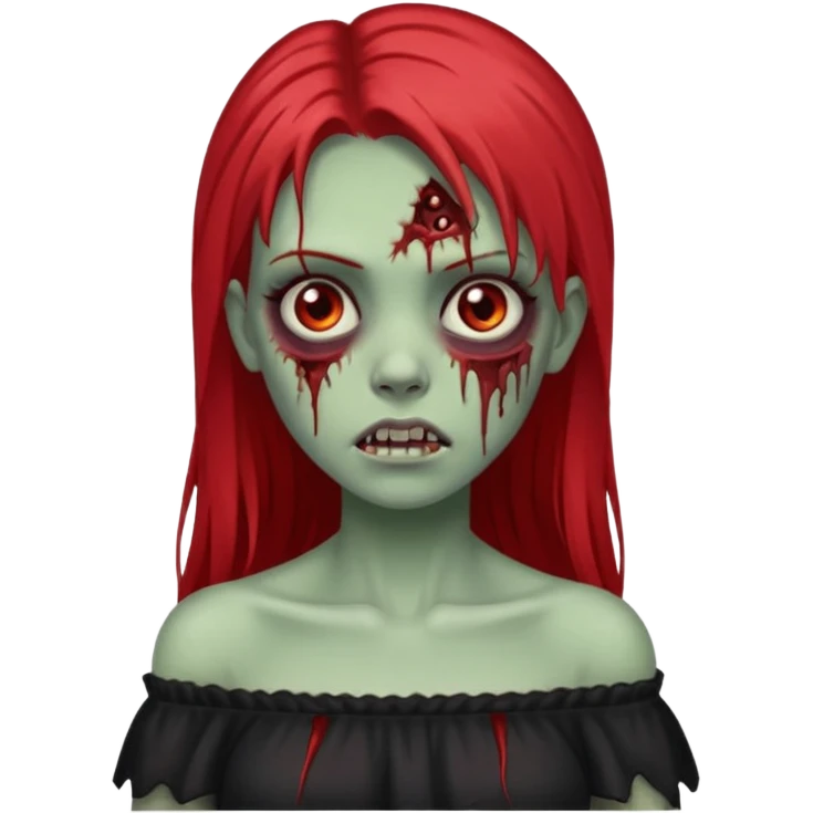 Garota zumbi com cabelo liso longo e mechas vermelhas na lateral da cabeça dos dois lados, usando uma blusa com manga caida preta emoji