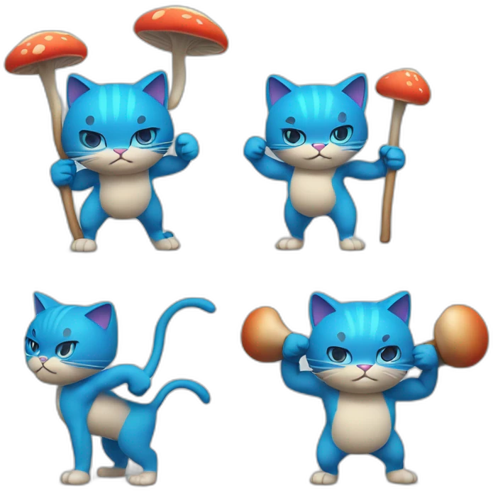 Strong muscles Blue cat NO ears wearing a mushroom cap carrying a stick in one arm standing on two legs with pants emoji