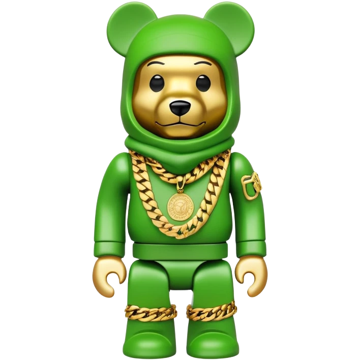 geometric bearbrick with lime balaclava filled with street brand logos graffiti style, wearing multiple heavy gold chains, cuban links and gold medallion, hip hop style emoji