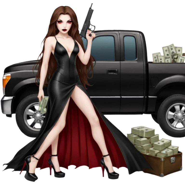 Lilith symbol red eye seductress evil long brown haired sexy succubus woman with leather long dress with slit, sitting in Big Large F350 pickup truck. Black Platform high heels on feet. Back of truck full of stacks of cash, and a man human skull with a gun in other hand emoji