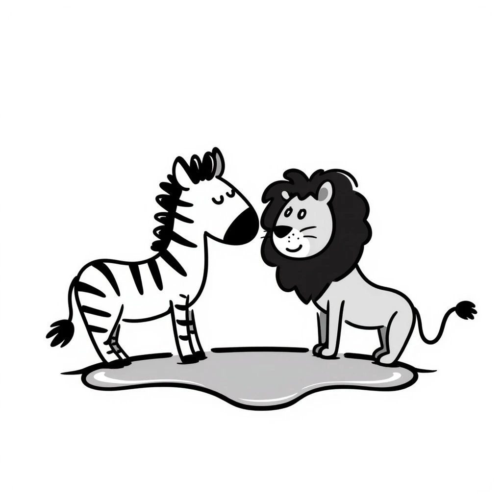 zebra and lion drinking water from pond emoji