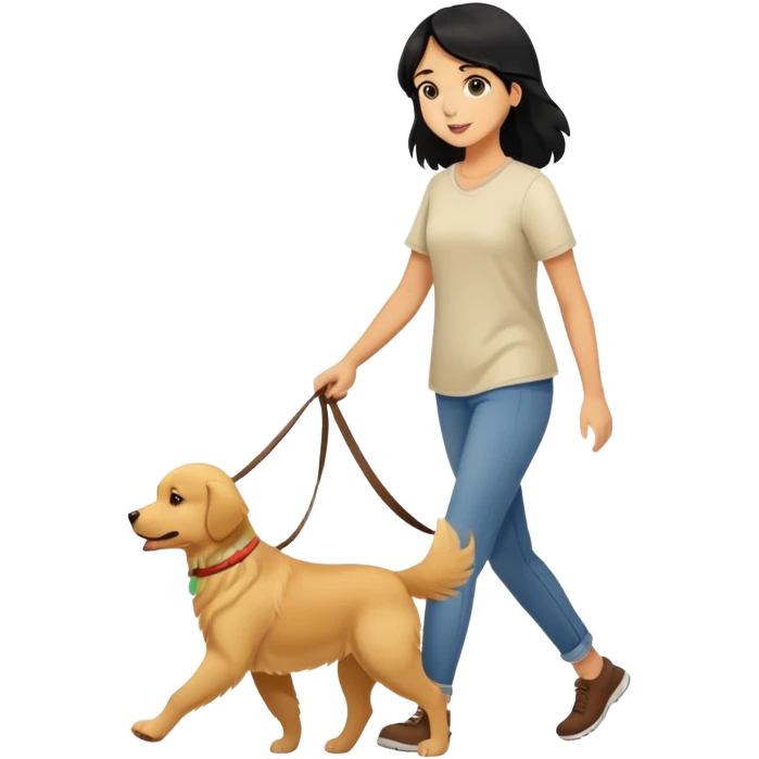 A black-haired girl walking with a golden retriever emoji