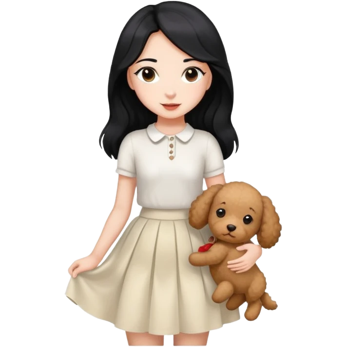 A beautiful girl with long straight black hair wearing a white skirt holding a small brown curly teddy dog emoji