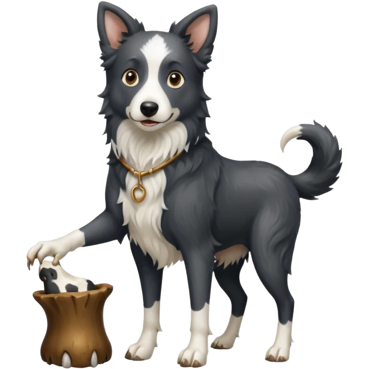 A black and white border collie werewolf, standing on her hind legs, holding a cow's hoof. emoji