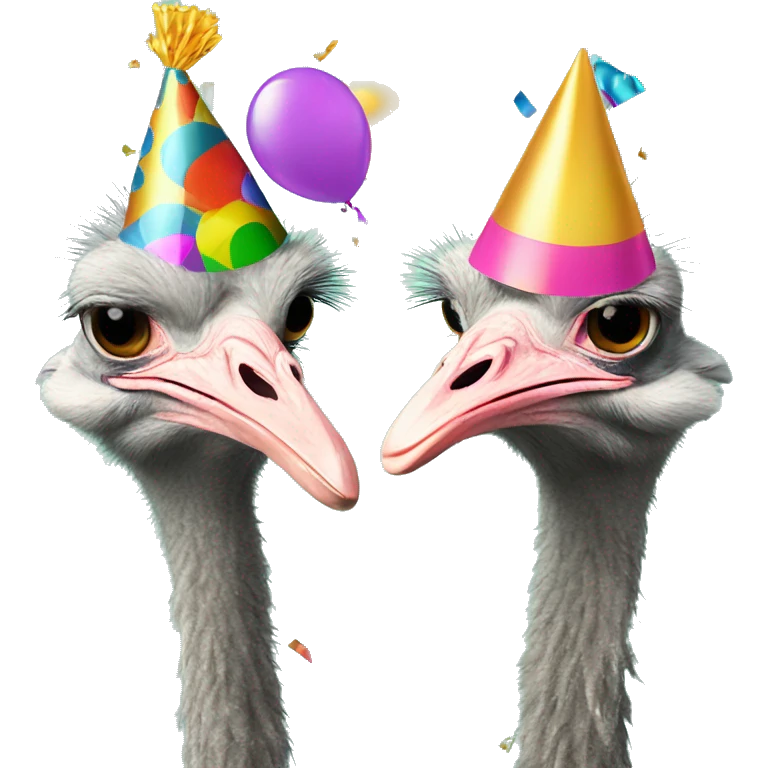 Two ostriches with party hats and confetti  emoji