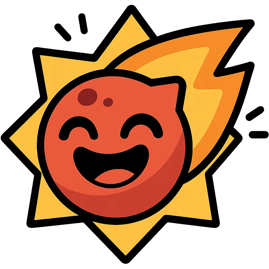 Brawl Stars pin of a smiling meteor with a fame aura, bold outlines, playful expression emoji