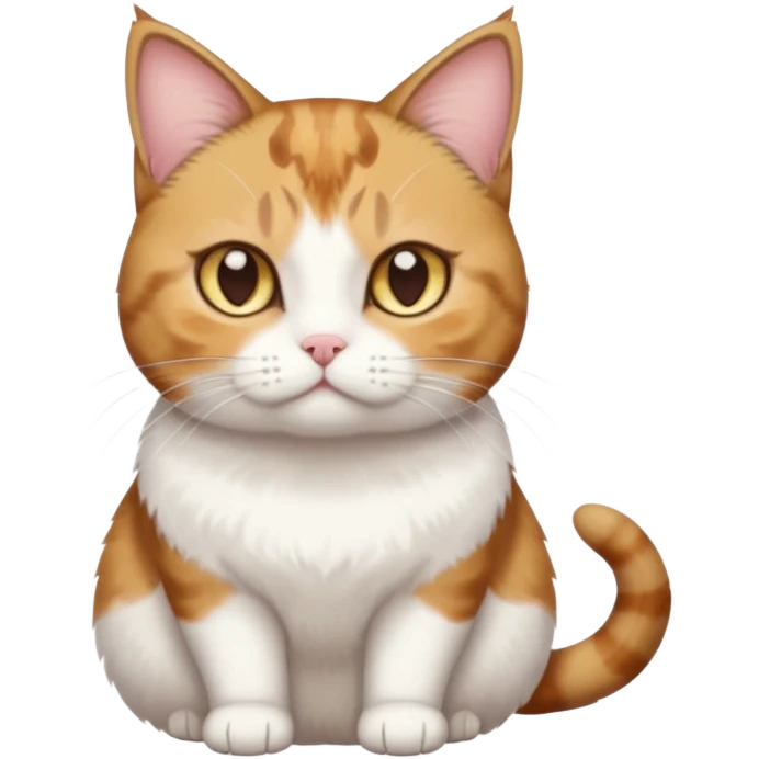 full body torbie and white cat with small head, hazel eyes, and short but chubby body emoji