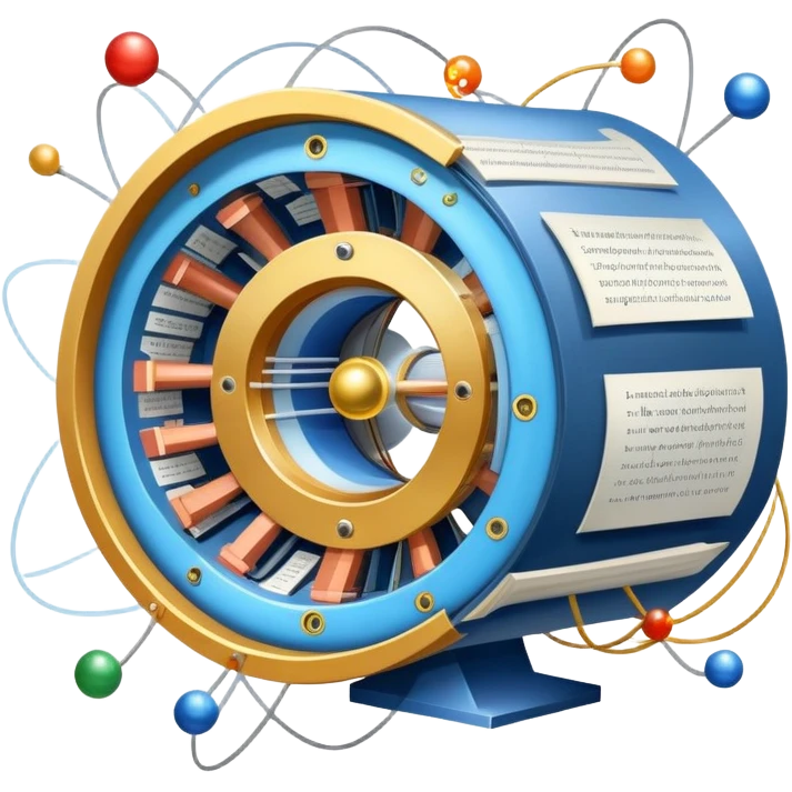 An icon featuring a physics textbook, a large Hadron Collider with particles flying off, symbolizing the study of physics. The design includes atomic models, energy waves, and scientific formulas, representing fundamental physical principles and research. Transparent background. emoji