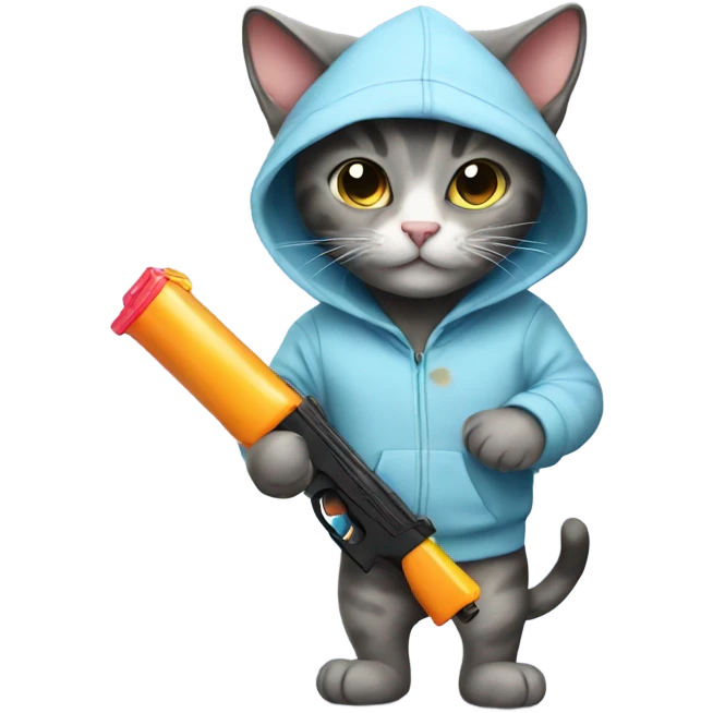 Cat wearing a hoodie with a water gun emoji