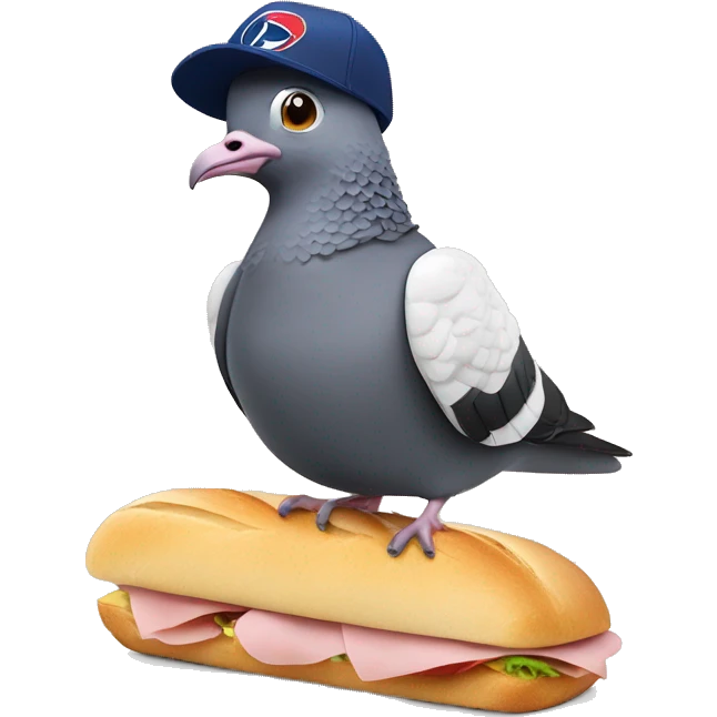 Pigeon with a PSG football club hat lying on a ham and butter baguette sandwich emoji