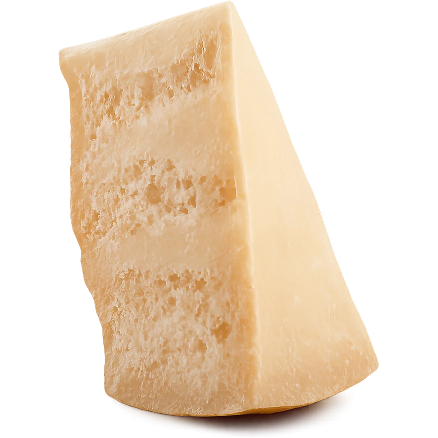 Realistic style piece of Parmigiano Reggiano inspired by the reference image, isolated with no background, natural details, front view, photorealistic rendering. emoji