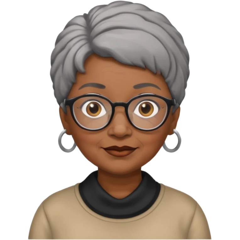 emoji of a black grandma women with black and gray hair in a low ponytail with glasses and brown eyebrows emoji