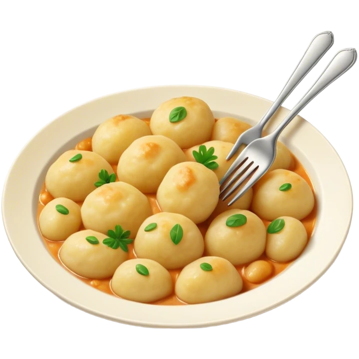 Gnocchi Cinematic Realistic Gnocchi Dish Emoji, depicted as tender potato dumplings garnished with iconic fork marks on top, rendered with soft textures and warm, inviting lighting. emoji
