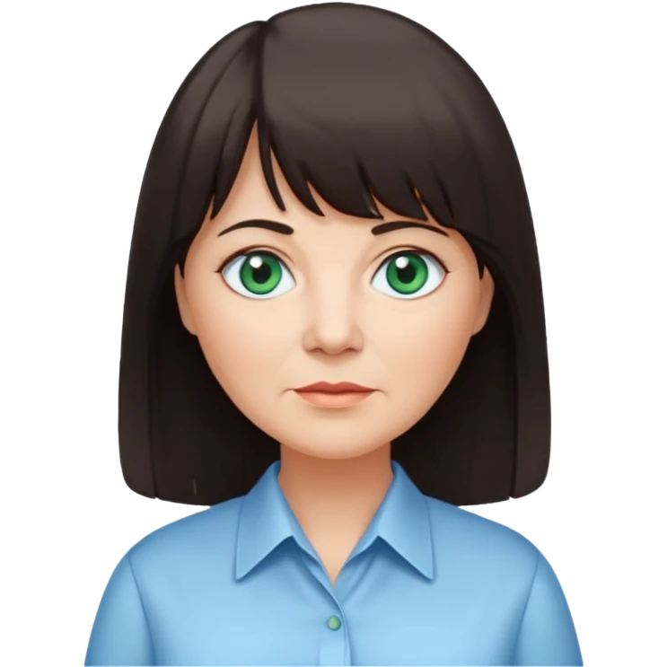 60 yr old woman, blue green eyes, long straight dark brown hair, business shirt, chubby, bangs emoji