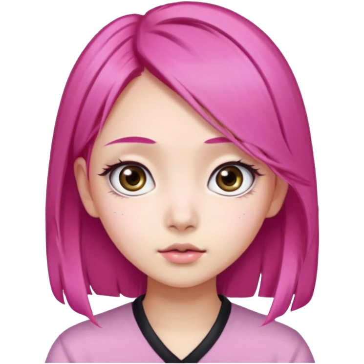 An Asian girl with pink hair, big eyes, thick eyebrows, and long eyelashes; only her head... emoji
