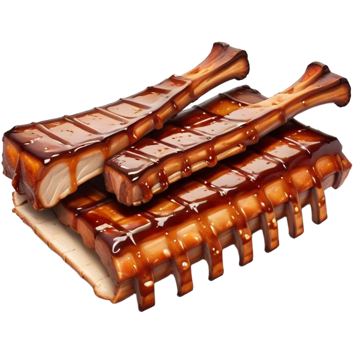 Cinematic Realistic Barbeque Ribs Dish Emoji, depicted as succulent, slow-cooked ribs with a sticky smoky glaze rendered with rich textures and dynamic, appetizing lighting. emoji