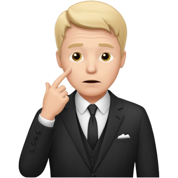 white man in formal suit thinking, hand on mouth, shrugging emoji