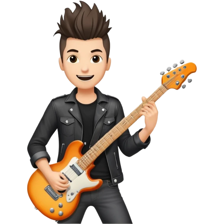 Rockstar musician with a confident smile looking up, electric guitar, cool hairstyle, rock and roll attitude emoji