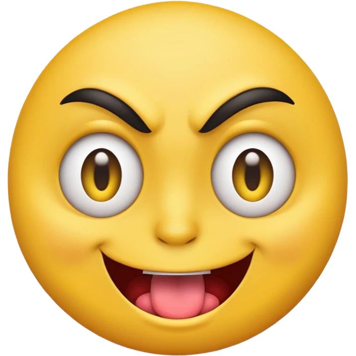 A yellow round face emoji smirking with its tounge out but the eyes are evil and kind of crazy and the eyebrows are turned  emoji