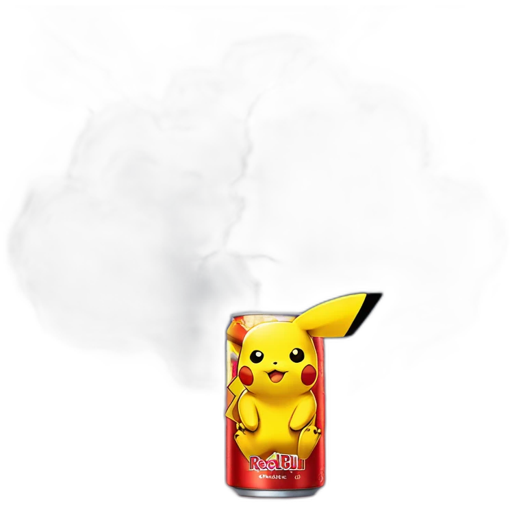 Pikachu drink red bull energy drink can on a cloud with lightning emoji