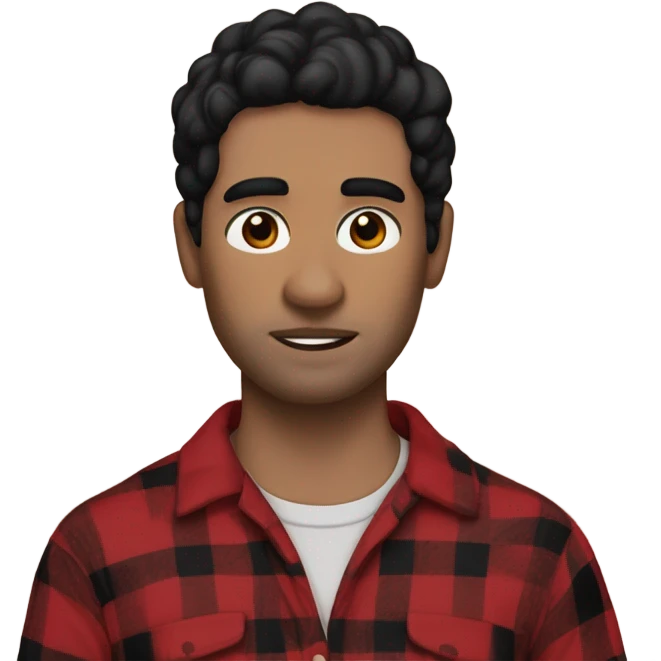 Man with black hair and brown eyes wearing red and black buffalo plaid pjs emoji